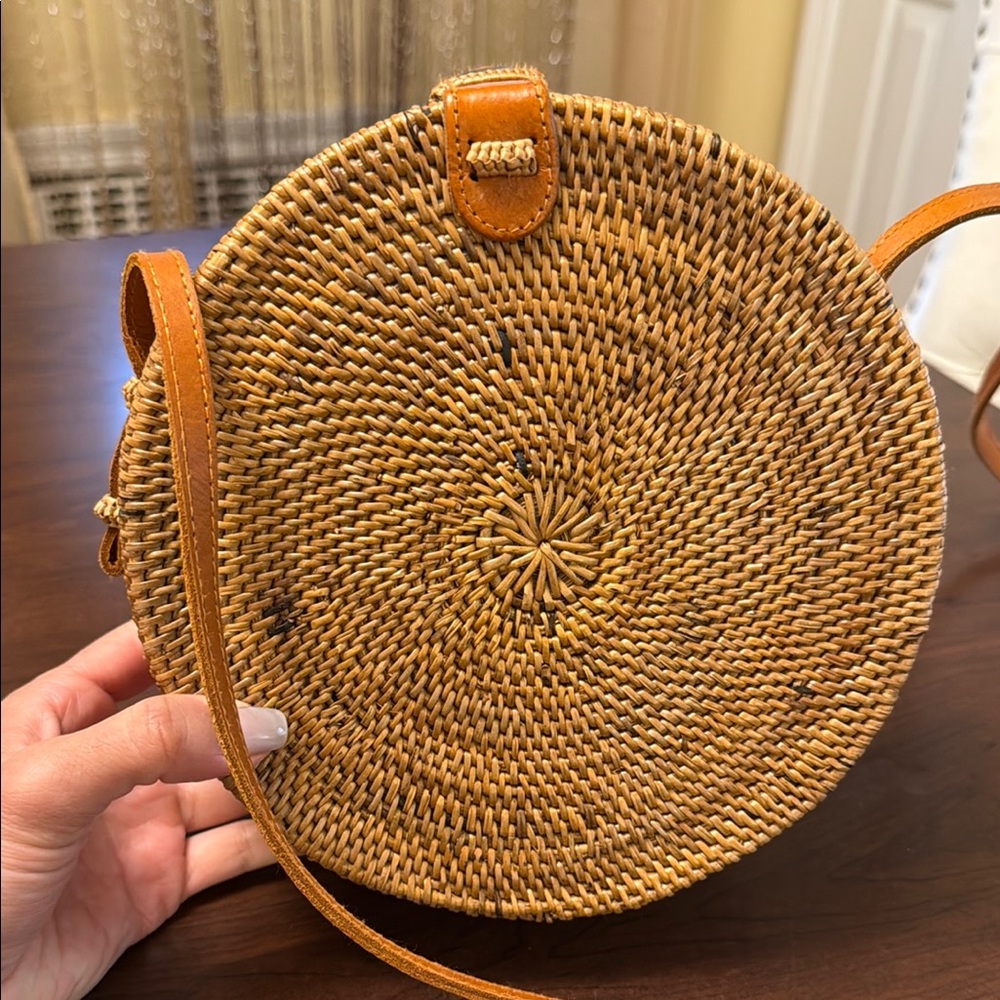 Round Woven Tan Crossbody Bag